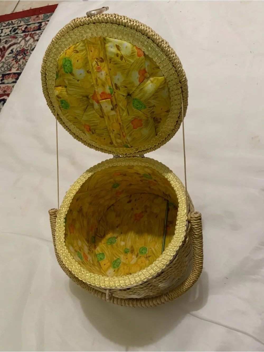 Vintage Round Woven Wicker Sewing Basket Box Japan Floral Quilted Cushion Lid